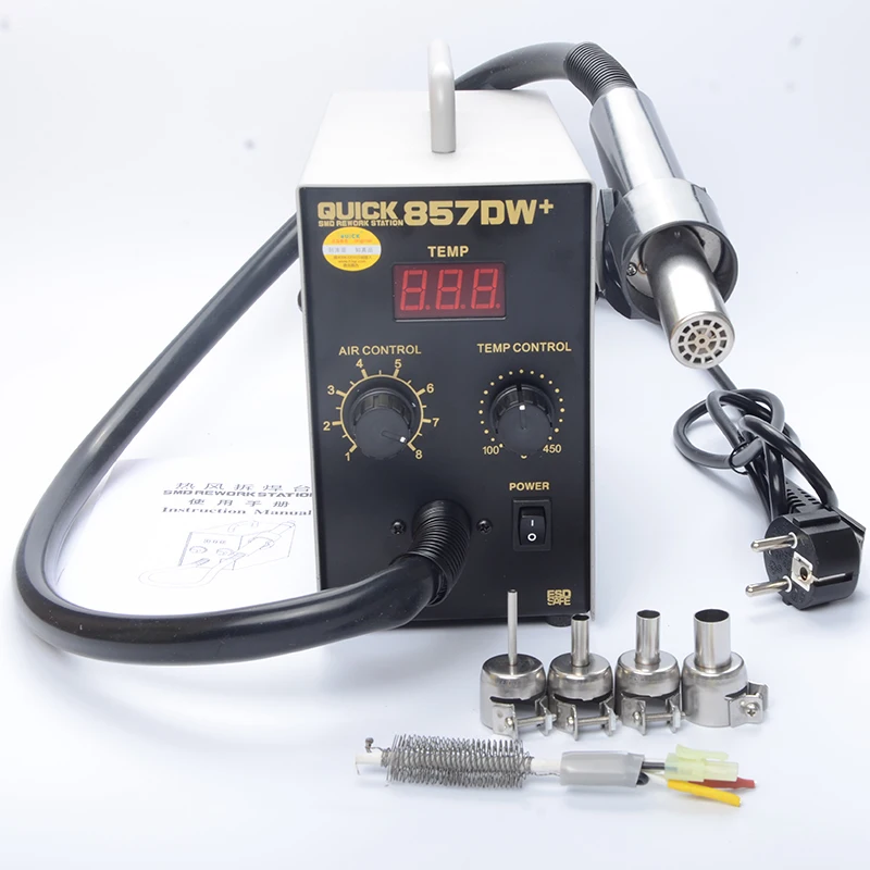 QUICK 857DW EU 220V Soldering Station Adjustable Hot Air Gun Station With Helical Wind 580W SMD Rework Station Heating Element