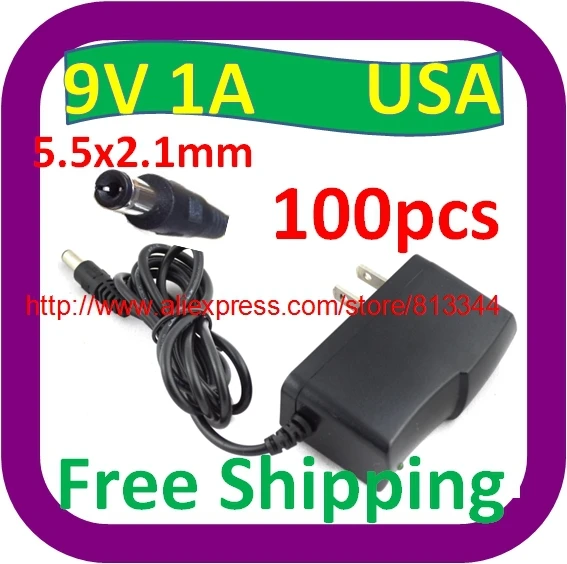 

100 pcs Free Shipping AC 100V-240V Converter Adapter DC 9V 1A / 9V 1000mA Power Supply USA Plug AC/DC 5.5 mm x 2.1mm