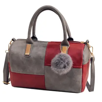 

Lady Pompom Pendant Color Block Faux Leather Tote Handbag Crossbody Shoulder Bag