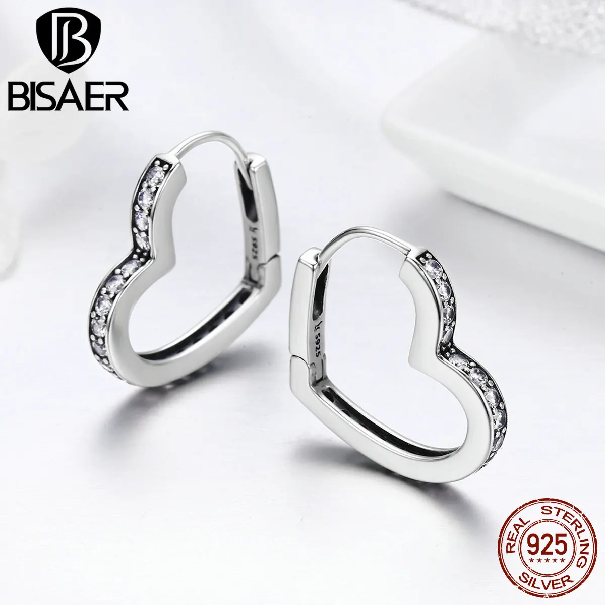 BISAER Bijoux 925 пробы серебряные ослепительные с фианитами, в форме сердца изысканные серьги-гвоздики для женщин Серебряные серьги ювелирные изделия GXE290