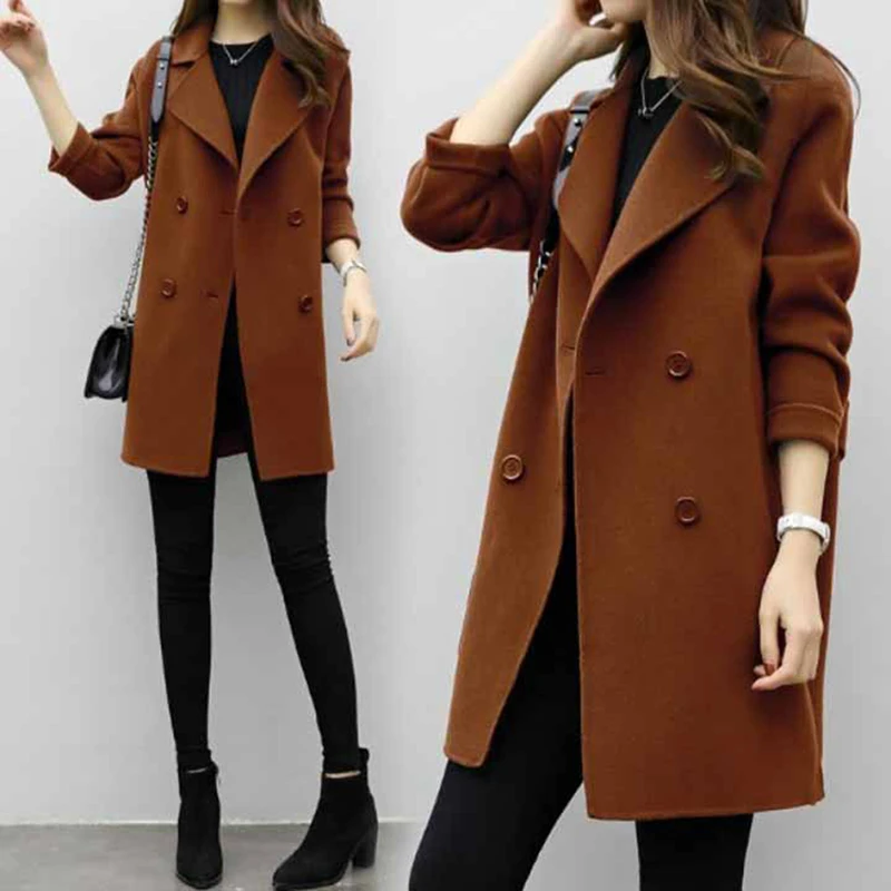 

Autumn Elegant Women Double Breasted Lapel Long Sleeve Woolen Trench Coat Turn Down Collar Slim Trench Coats OL Female Overcoat