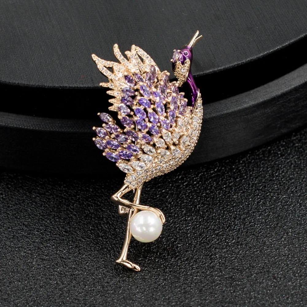 Cubic Zirconia Pearl Bird Flamingo Brooch Broach Pin Pendant Women Jewelry Accessories Thanksgiving gift XR03436