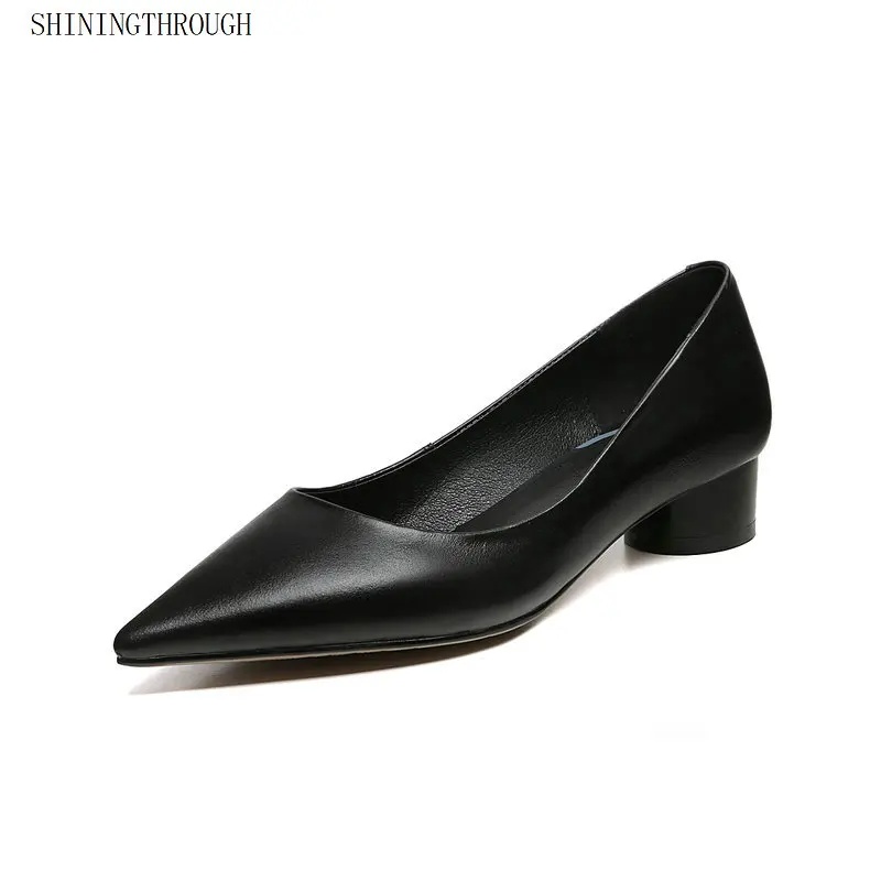

Women low heels shoes Pointed Toe Genuine Leather thick Heels women pumps Spring Summer Wedding Shoes Woman