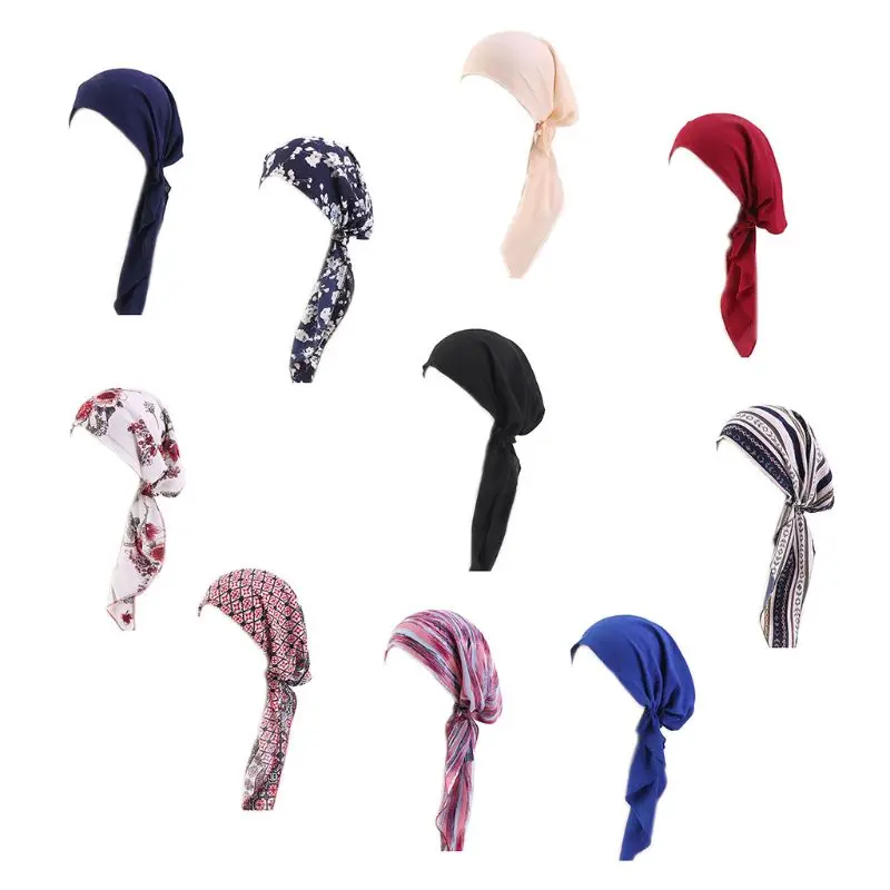 

Women Muslim Hijab Long Tail Pre-Tied Floral Turban Bonnet Hat Pleated Stripes India Cancer Chemo Cap Jacquard Beanies Head Wrap
