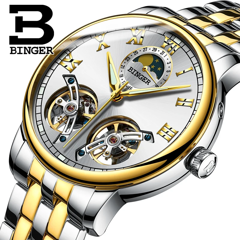 

2018 NEW arrival men's watch luxury brand BINGER sapphire Water Resistant toubillon full steel Mechanical Wristwatches B-8607M-4