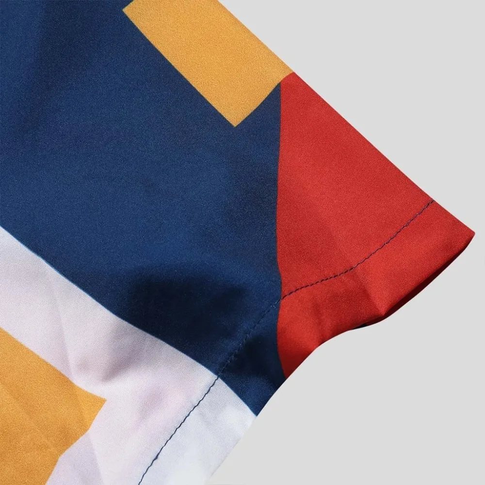 Блуза Мужская контрастная цветная с геометрическим принтом Лоскутная отложной воротник короткий рукав свободные рубашки Прямая поставка