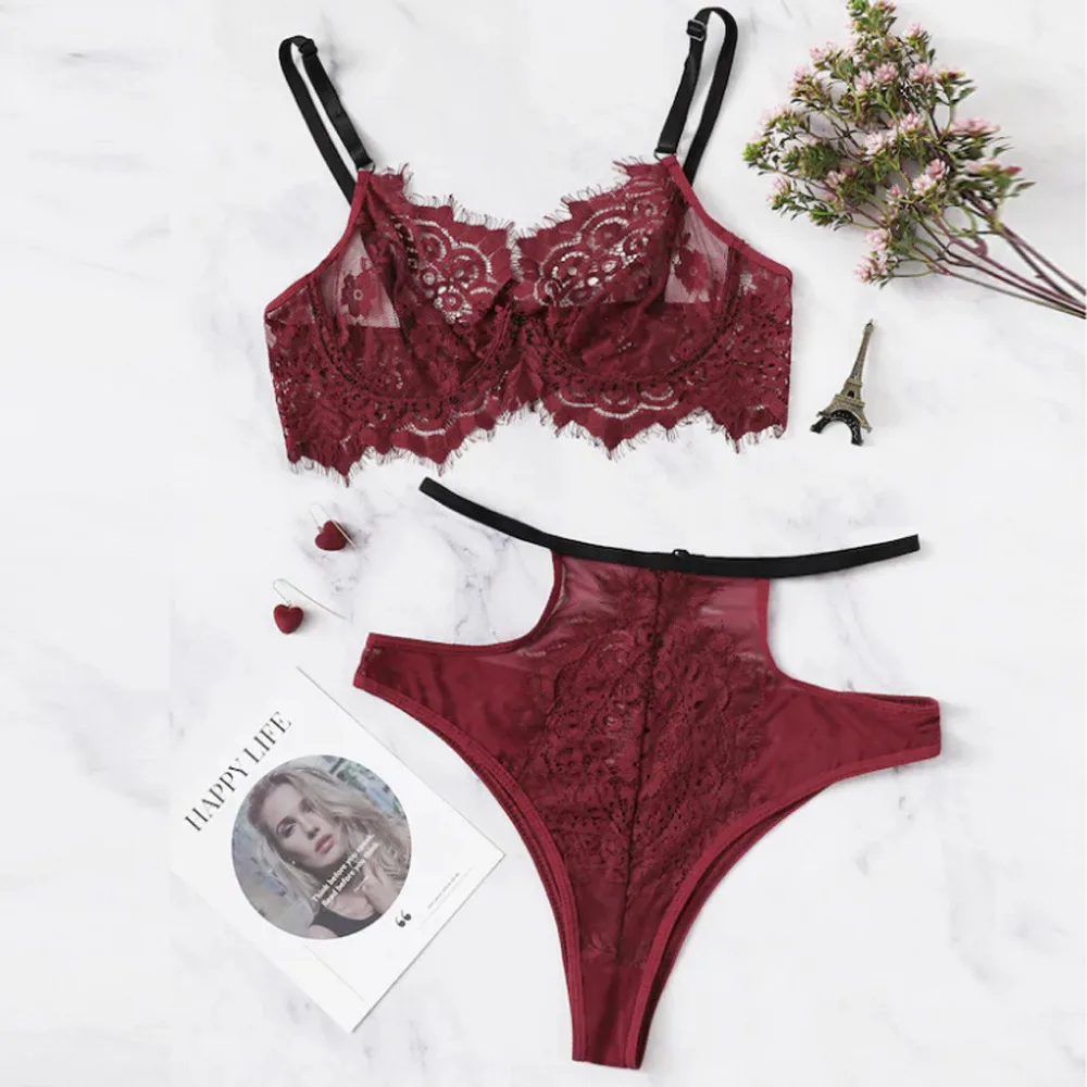 

Hot Popular 2-Pc Causal Women Underwear Transparent Lace Sexy Deep V Lingerie Straps Bra and Panty Set Babydoll Two-Piece Suit *