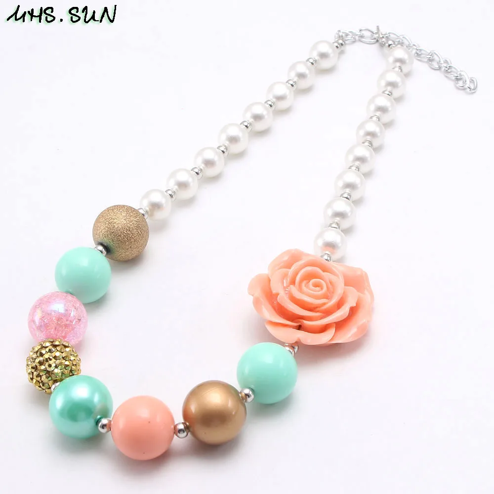 

MHS.SUN Summer Style Kids Beads Necklace Fashion Girls Rose Flower Chunky Necklace For Baby Child Handmade Beaded Jewelry 1pcs