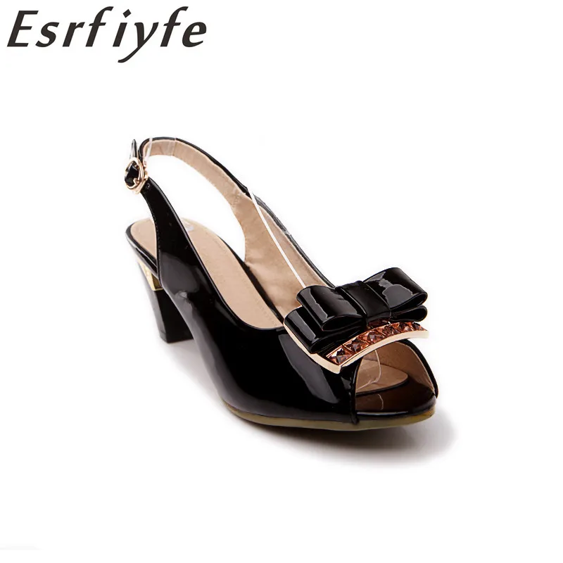 preço ESRFIYFE 2018 Nova Mulher de Volta Cinta Fivela Moda Bowknot Decoração do Metal Sapatos Sandales Mulheres Elagant Vestido Sapatos Peep Toe