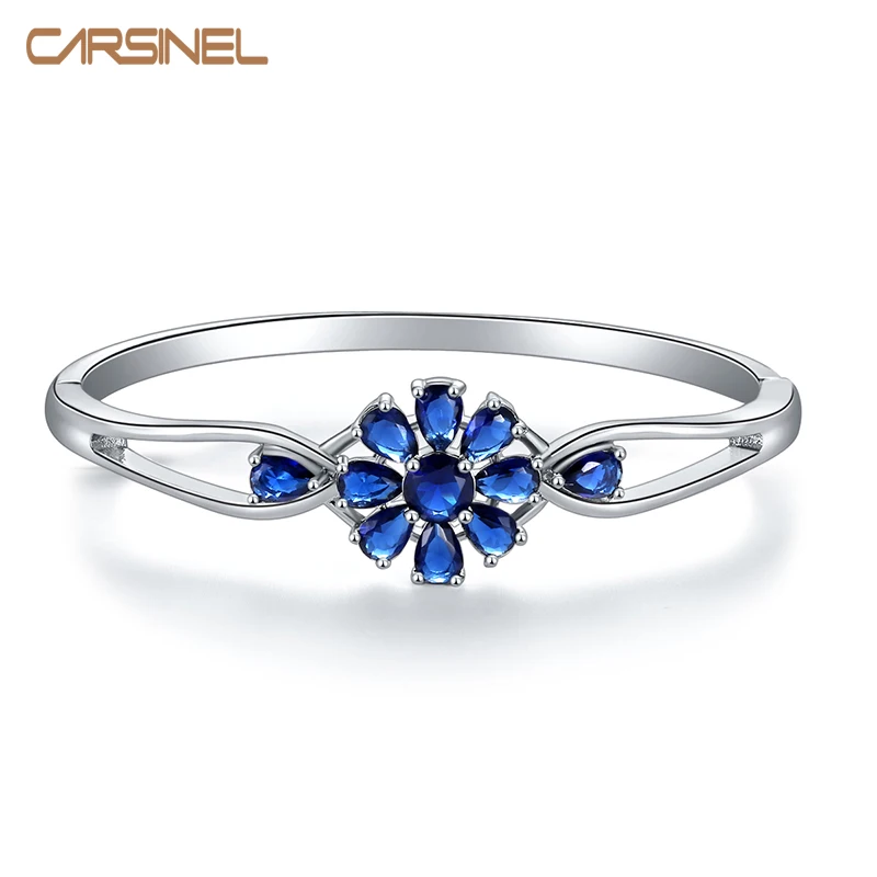 

CARSINEL Luxury Copper CZ Bracelets&Bangles Silver color Blue Zircon Charm Bracelet For Women Jewelry Wholesale BR0279