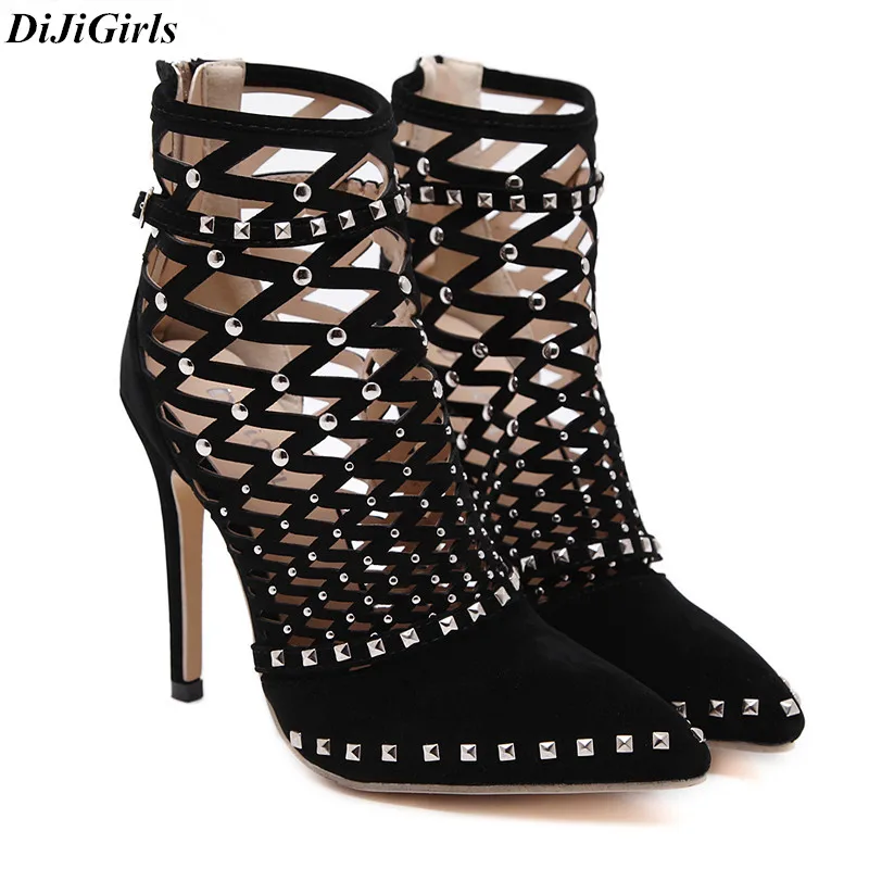 

2018 Gladiator Roman Sandals Summer Rivets Studded Cut Out Caged Ankle Boots Stiletto High Heel Women Sexy Shoes Party Boots