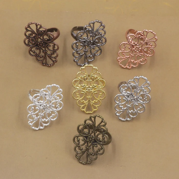 Blank Adjustable Rings Settings with 20x30mm Vintage Filigree Flower Bases DIY Findings Multi-color Plated | Украшения и