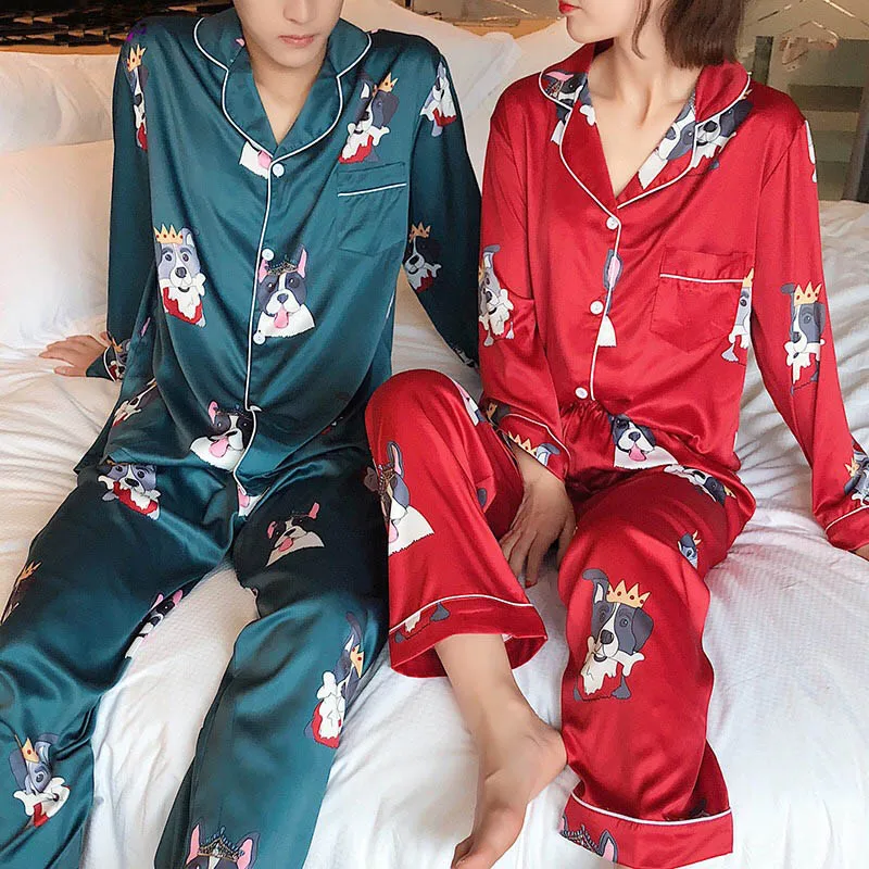

New Arrivals 2018 Lovers Pyjamas Women Silk Satin Pajama Sets Cartoon Dog Couple Pajamas For Women Sleepwear Sets Pijama Mujer