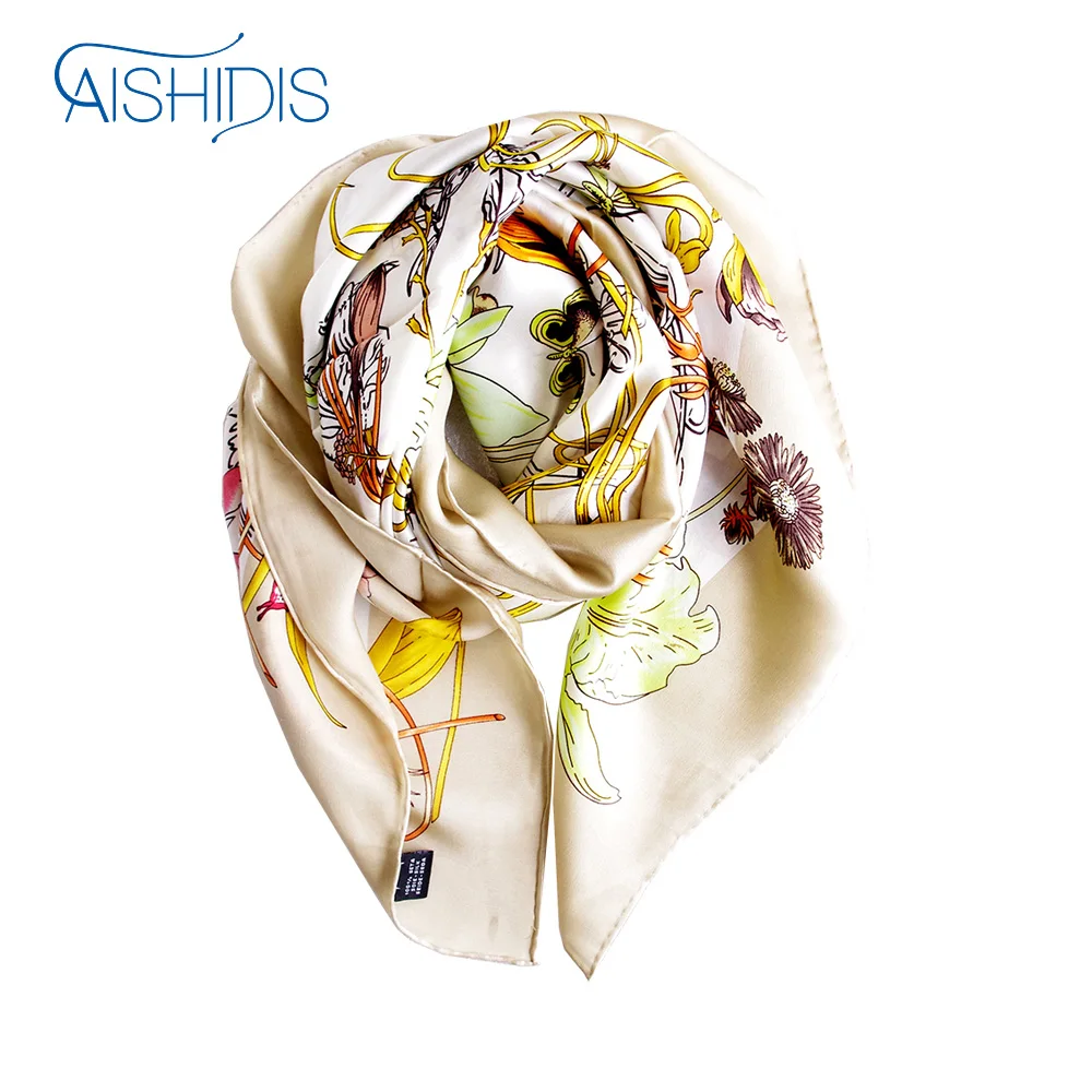 Женский платок из 100% чистого шелка квадратный носовой 34 дюйма Большой бежевый