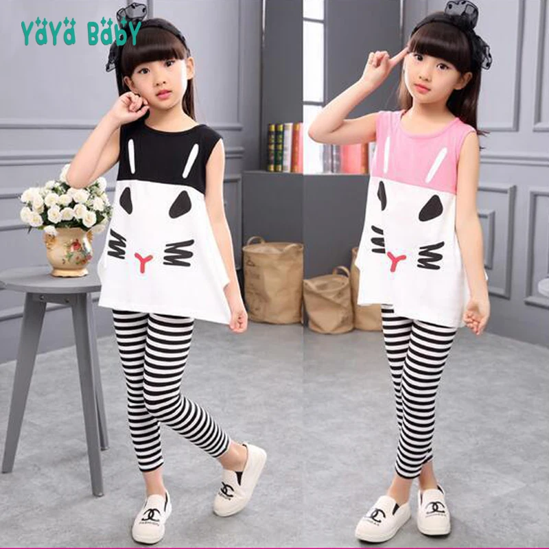 

3 4 5 6 7 8 9 10 Year Children Clothing Cartoon Vest Stripe Legging 2pcs Girls Suits Cotton Summer Kids Clothes for Girls