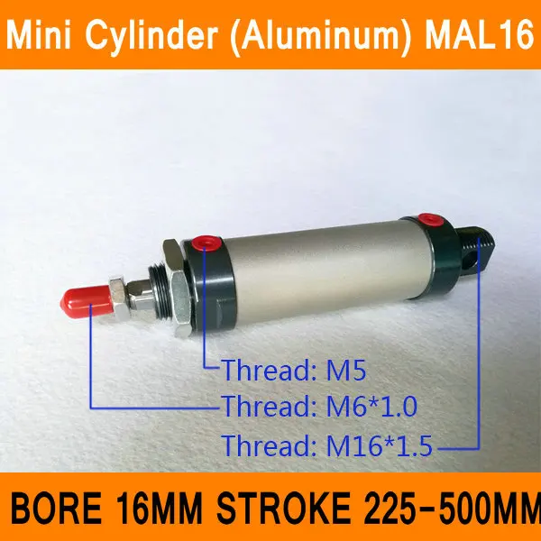 

MAL16 Mini Cylinders CA Bore 16mm Stroke 225-500mm Rod Single Double Action Pneumatic Aluminum Alloy Pneumatic Cylinders