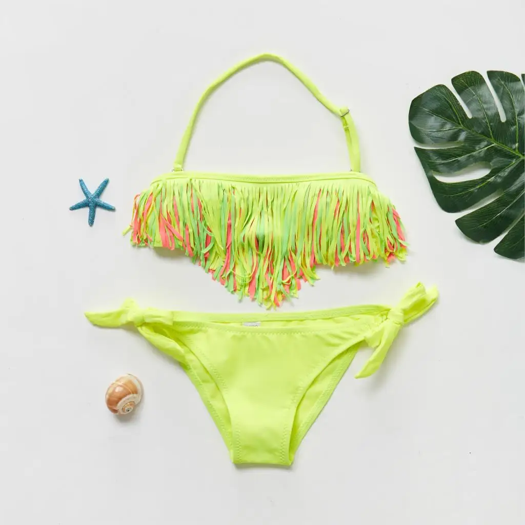 

2019 Girl Swimsuit Two Pieces Children's Swimwear Tassel Children Split Hollow Falbala Bikini Sets Bathing Suit G1-CZ912