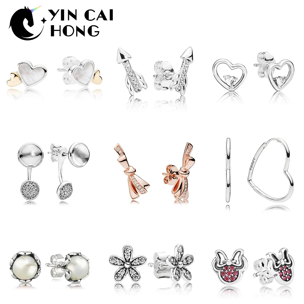 

YCH 100% 925 Sterling Silver 1:1 ROSE BOW Pearl Daisy DROPLETS Sparkling Arrow Asymmetric Hearts of Love Earrings Studs