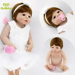 NPK бренд полный Силиконовый reborn baby doll 55 см прекрасная девочка принцесса reborn baby куклы светло-коричневый парик волос белое платье bonecas