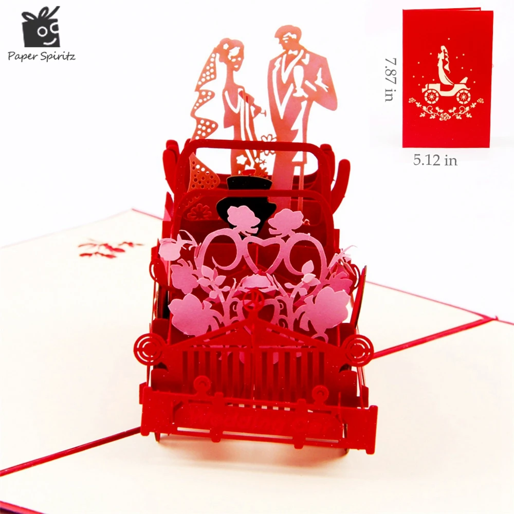  Red 3D Wedding Carriage with Lovers Personalized Handmade 3D Greeting Cards POP UP Cards Invitation - 32651908448