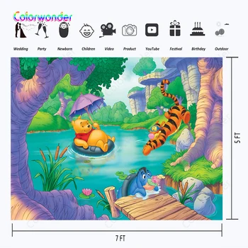

Cartoon Jungle World Birthday Party Backdrops for Kids Photography Bear Winnie Tigger and Eeyore Playing in the Lake Background