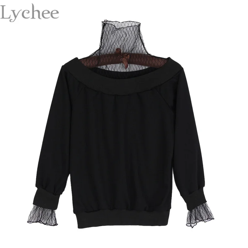 

Lychee Spring Autumn Women Sweatshirt Mesh Patchwork Long Sleeve Pullover Fake 2 Pieces Set Tracksuit