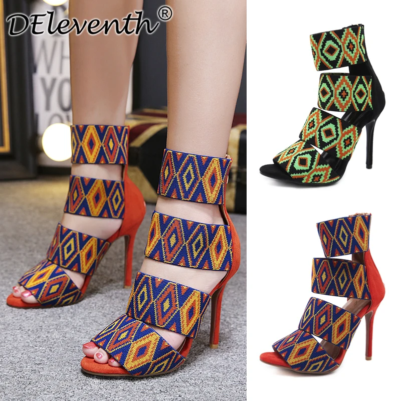 

New 2018 High Quqlity Lattice Women Sandals Open Toe Stiletto High Heels Casual Summer Ladies Party Shoes Orange Mixed Colors40