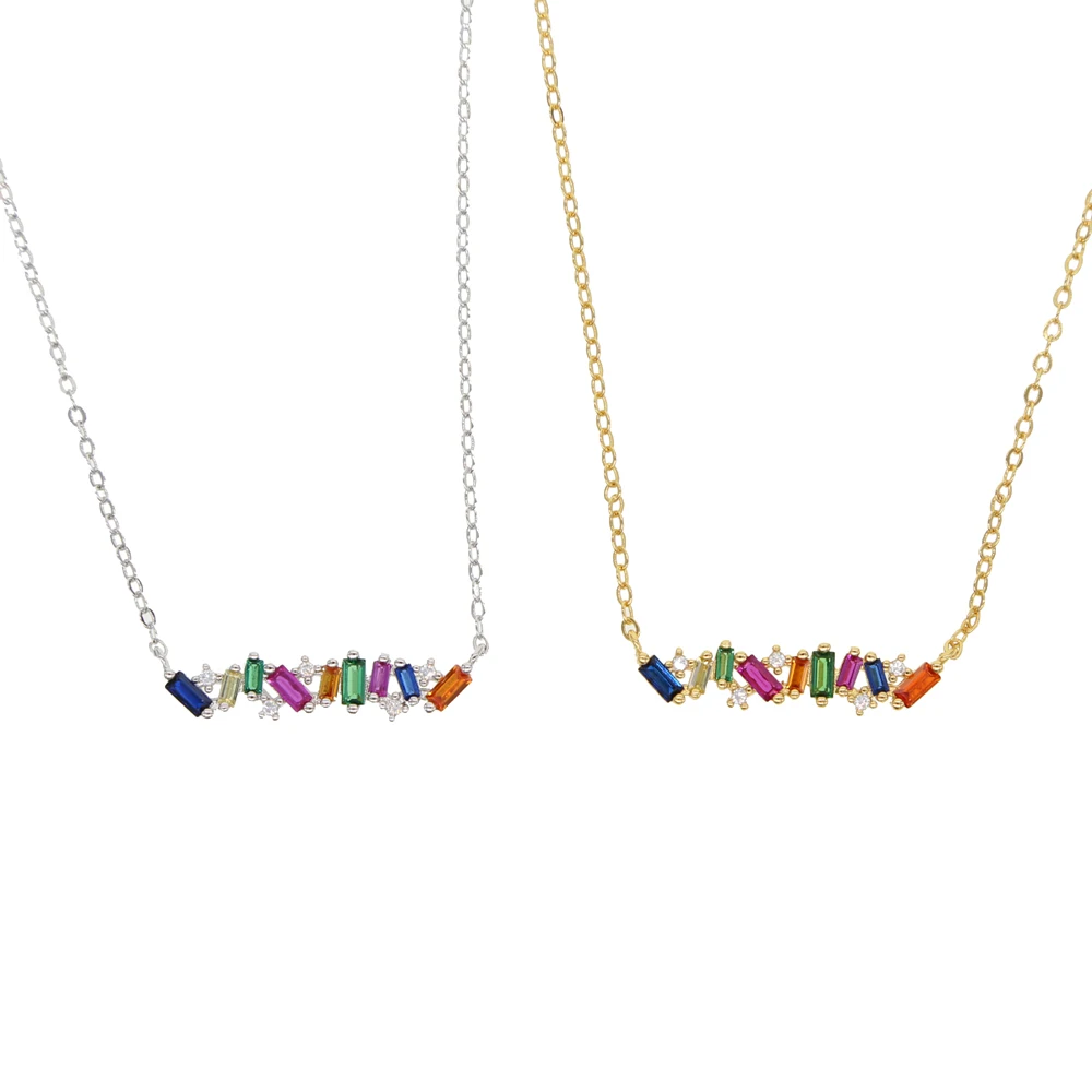

rainbow colorful baguette square cubic zirconia cz bar sticker pendant charm Fashion collar necklace 2019 new