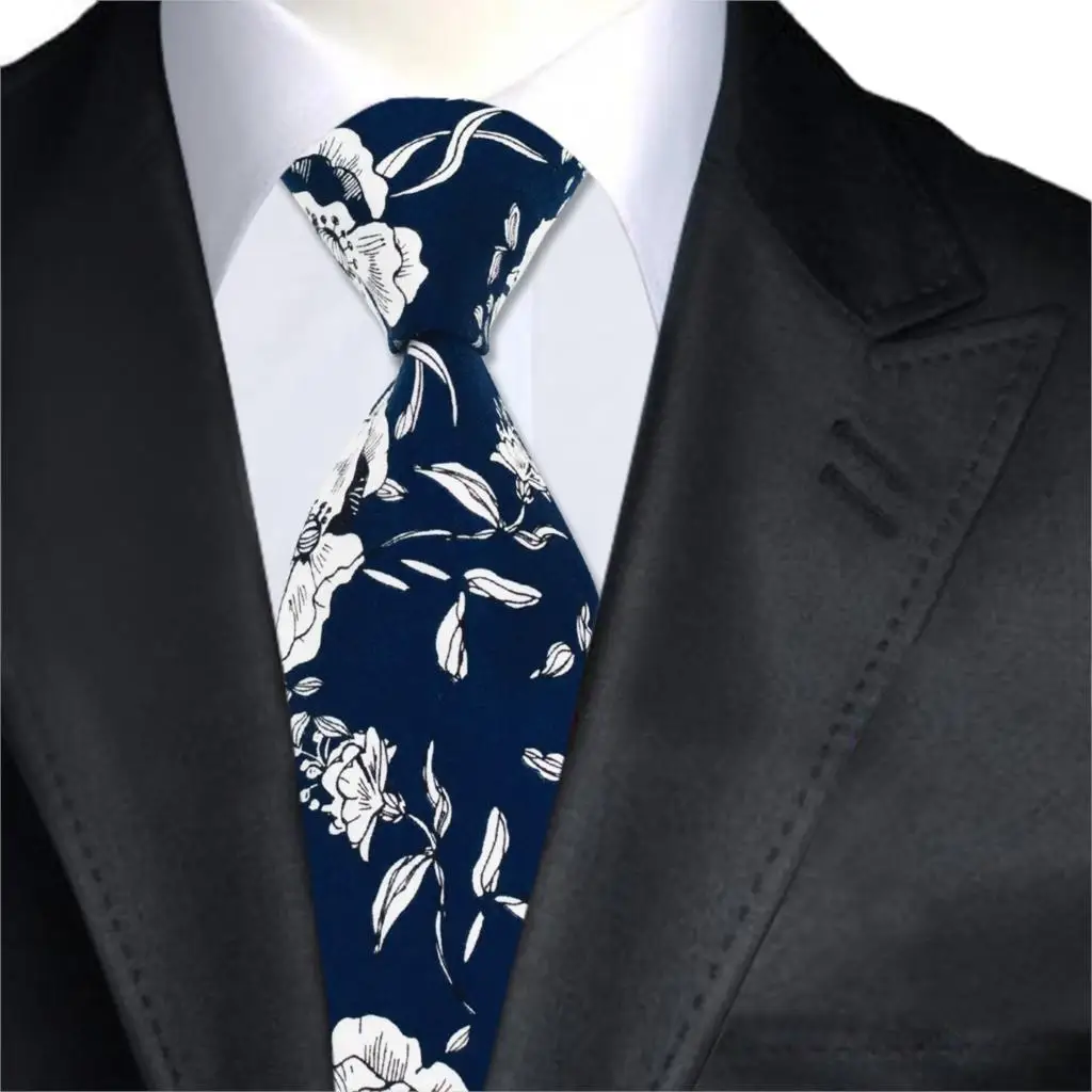 Navy Blue 100 Cotton Mens Ties Neckties Fashion Floral Print Ties for