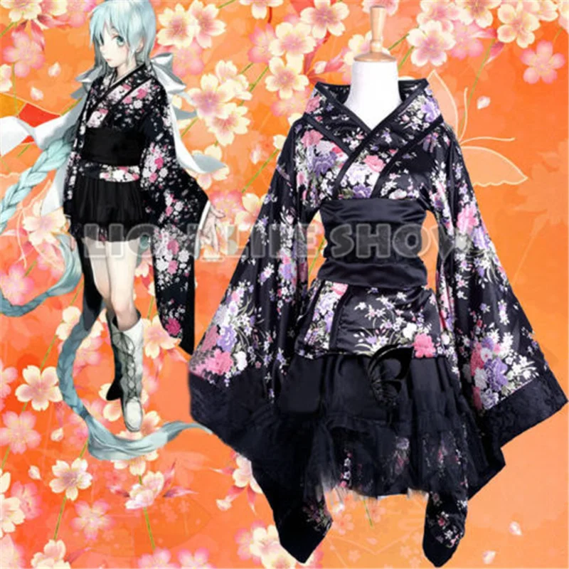 

Japanese Anime Vocaloid Lolita Sakura Kimono Black Uniform Maid Dress Outfit Cosplay Costume Any Size