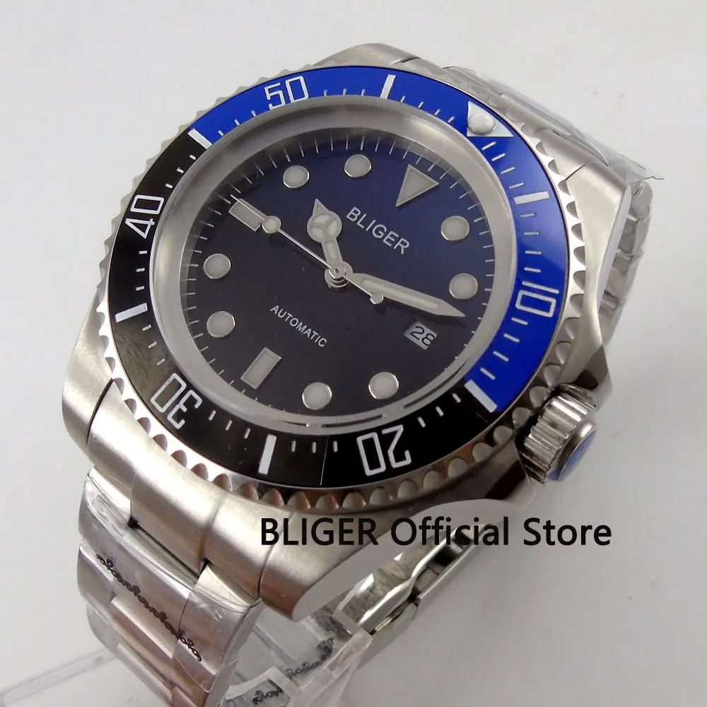 

44mm BLIGER Black Blue Dial Ceramic Rotating Bezel Solid Stainless Steel Case Luminous Miyota Automatic Movement Men's Watch B68