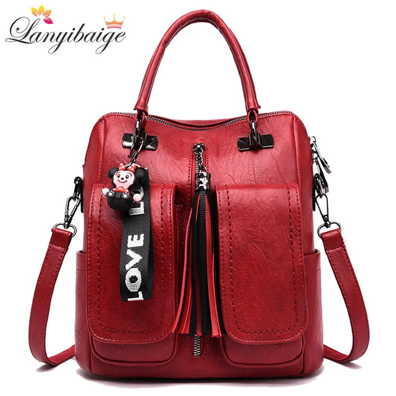  3-in-1 Women Backpacks Vintage Female Shoulder Bags Soft Leather Backpack Ladies Travel Back Pack L - 33005371954