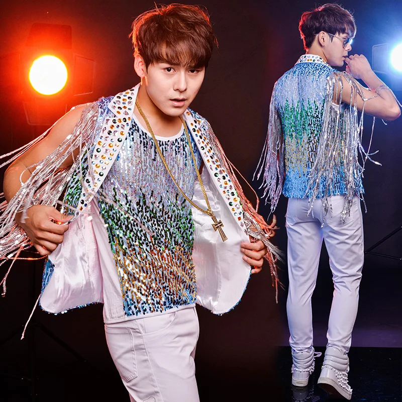 

Men Stage Costumes For Singers Personality Tassel Sequin Crystal Diamond Jacket Vest White Pants Performing Clothes DNV11059