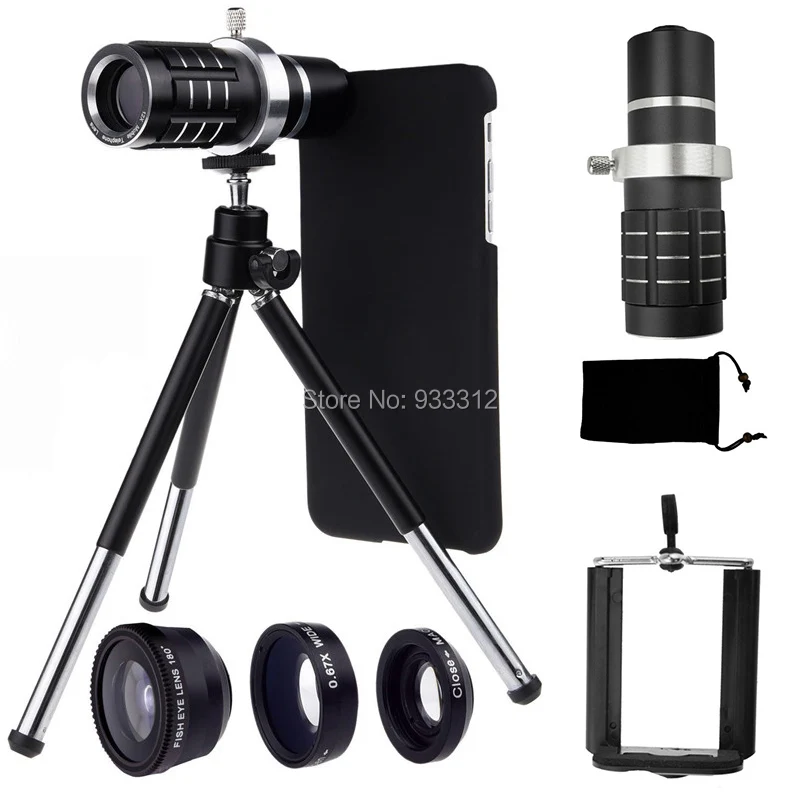 Gift 12x Telephoto Lens Fisheye Macro Wide Angle Holder Hard Case Bag Cleaning Cloth Holder Tripod