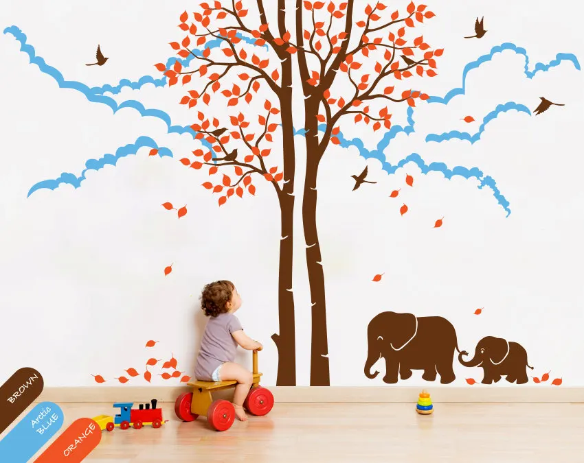 

Huge Tree Autumn Tree Falling Leaves With Cute Family Elephant And Cloud Mural Kids Baby Bedroom Decor Vinyl Popular DecalY-959