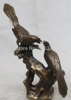

bi0011634 9"Chinese Folk Bronze excellent Lucky Lifelike beautiful Two magpie Statue