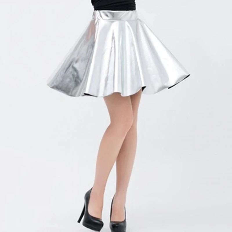 

2018 sexy Women pleated skirts Shiny Metallic Wet Look Skater Flared solid color Short Pleated Mini Skirt ladies girl jupe femme