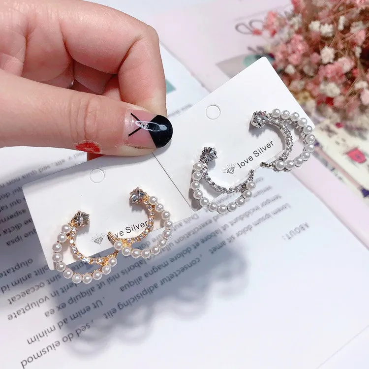 moon pearl earring 925 silver pin Hypoallergenic fadeless alloy fashion jewelry stud earrings for women gift