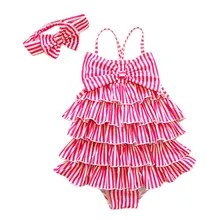 Цельное полосатое бикини с оборками для маленьких девочек; купальный костюм; комплект для детей; A520