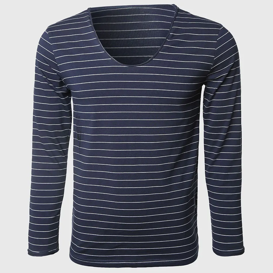 

Swag V Neck Long Sleeve T Shirts Men Clothes Sailor Patchwork Fabric Striped T Shirts Fashion Slim Fit T-Shirts Tight Plus Size