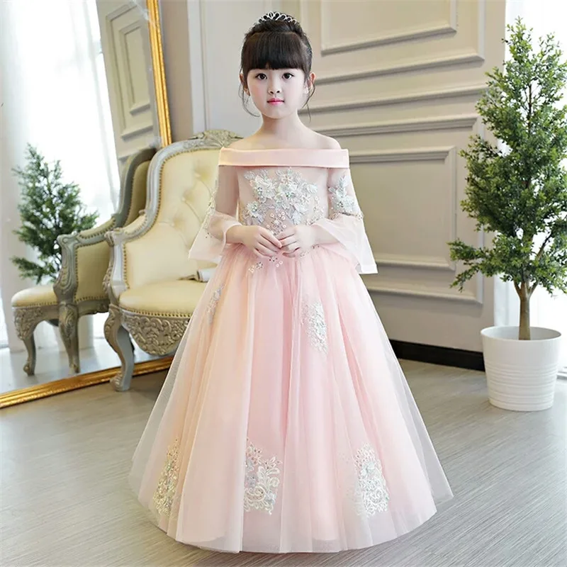 2017 New Luxury Children Girls Embroidery Princess Dress Kids Wedding Birthday Party Long Ball Gown Summer