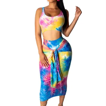 

2019 Women Rainbow Tie Dye Two Piece Set Sexy Package Hip Skirt Set Lace Up 2Pcs Matching Sets Club Outfits