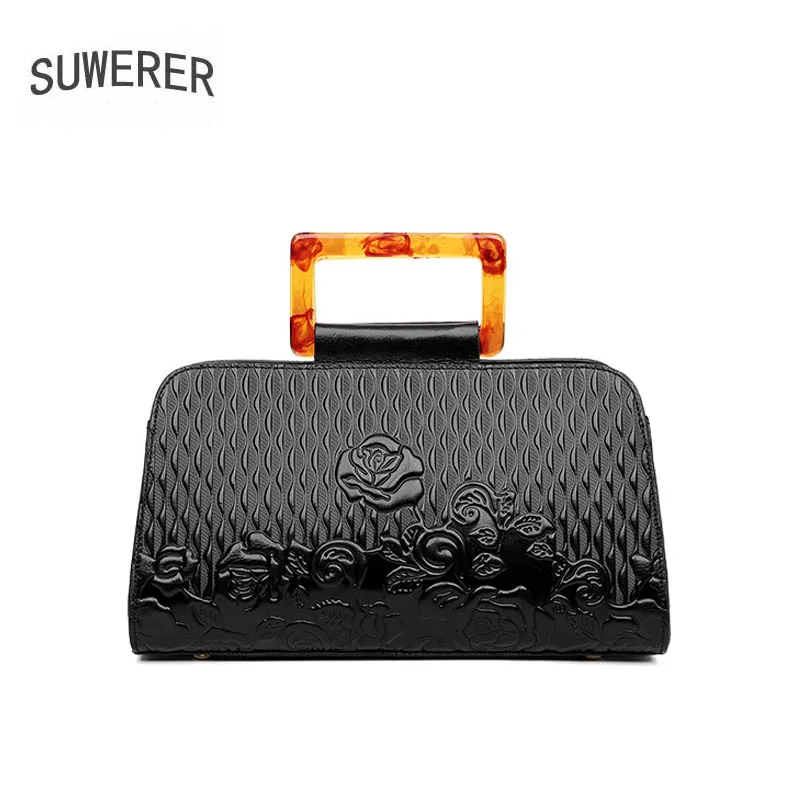 

SUWERER 2019 New women bag top cowhide women Genuine Leather bags luxury Embossing Flowers designer superior Leather Art Bags