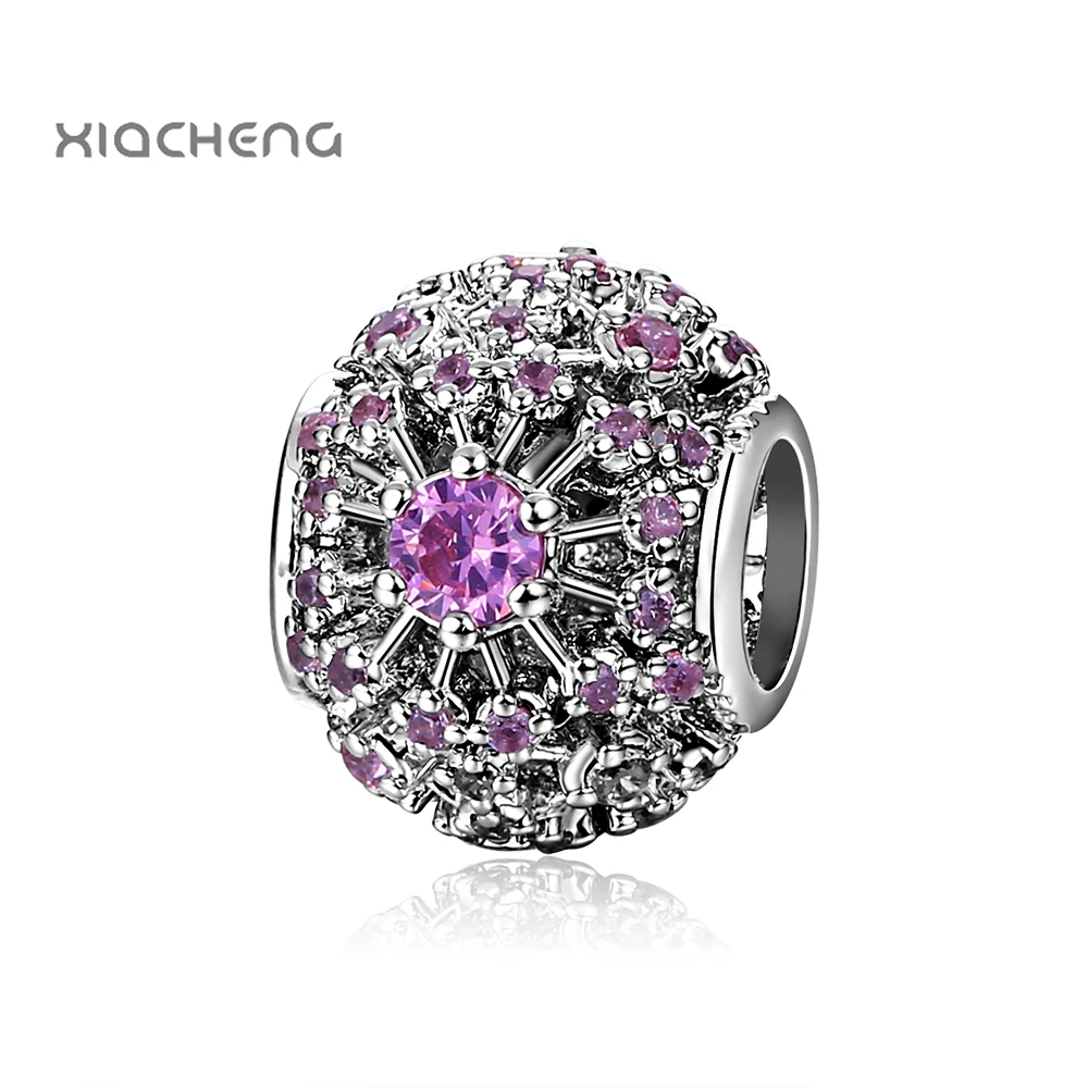 925 Silver Beads Charms Fashion Pink Flower Crystal Beads For Original