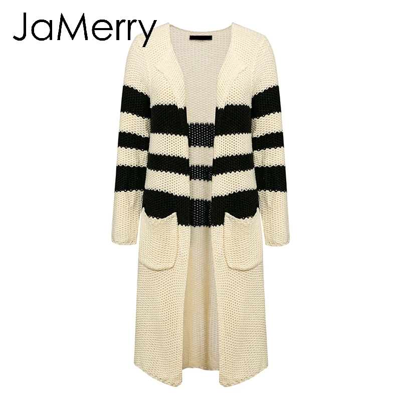 JaMerry, винтажный полосатый вязаный женский кардиган,, Осень-зима, длинный свитер, Женский Повседневный свободный бежевый кардиган с карманами