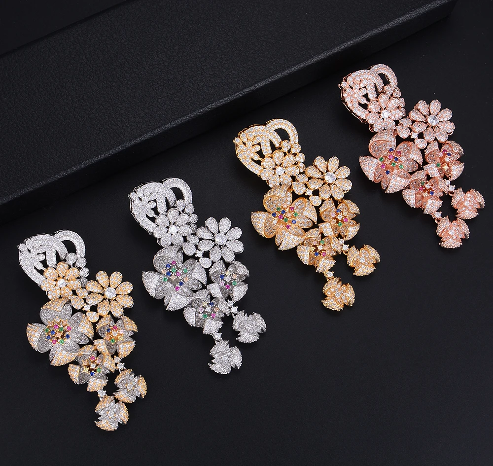

GODK 73mm Luxury Windmill Flower Blossom Cluster Cubic Zirconia Long Drop Earring For Women Wedding Party Bridal Fringed Jewelry