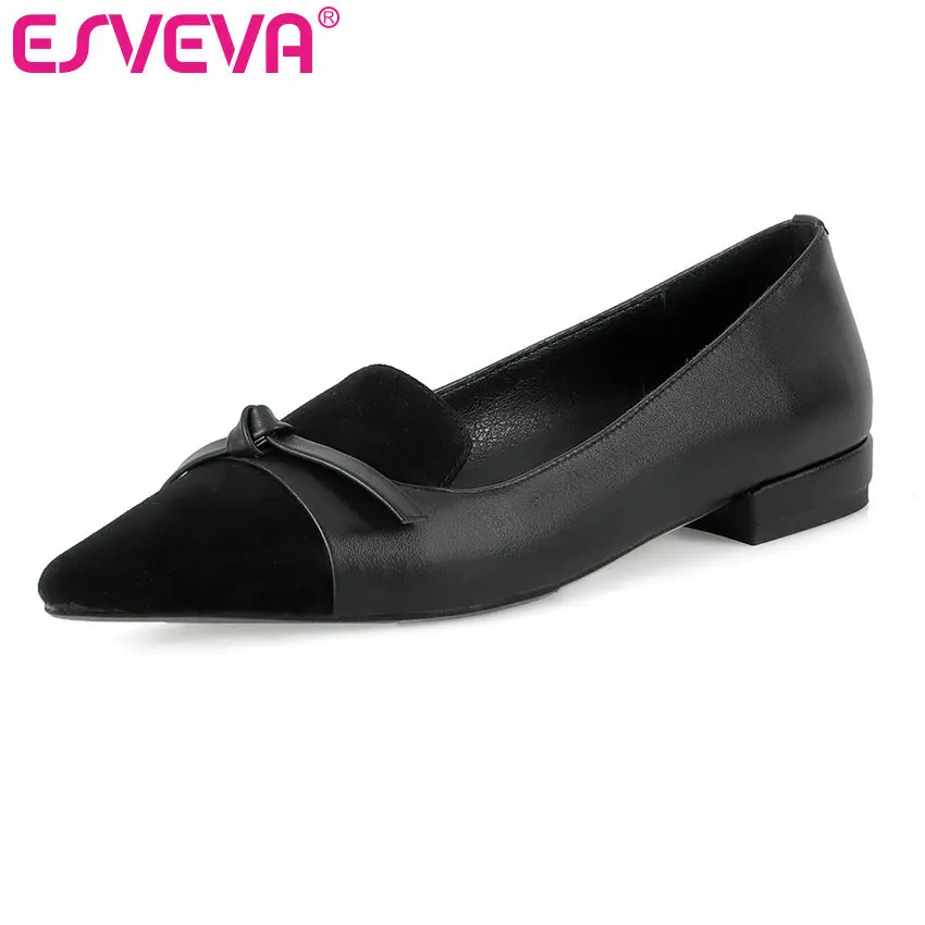 

ESVEVA 2019 Women Pumps Low Heel Cow Leather+Kid Suede Pointed Toe Butterfly-Knot Spring Fashion Shallow Female Shoes Size 34-41