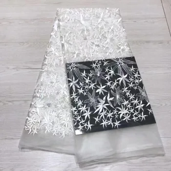 

DHL Free shipping (5yards/pc) shining beads embroidered African lace fabric in white high quality lace for party dress