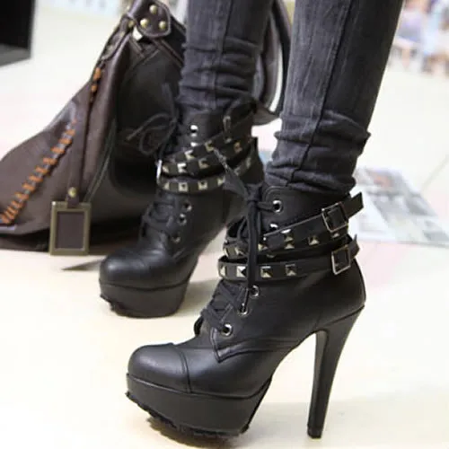 Hot Sale 2014 Ankle Boots Women Motorcycle Boots Solid High Heel PU Leather Solid Pumps High ...