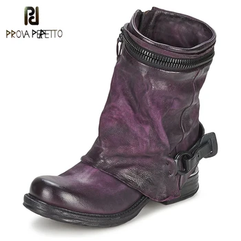 

Prova Perfetto Western Style Genuine Leather Retro Ankle Martin Boots Fashion Deep Purple Square Toe Warm Low Heel Women Boots